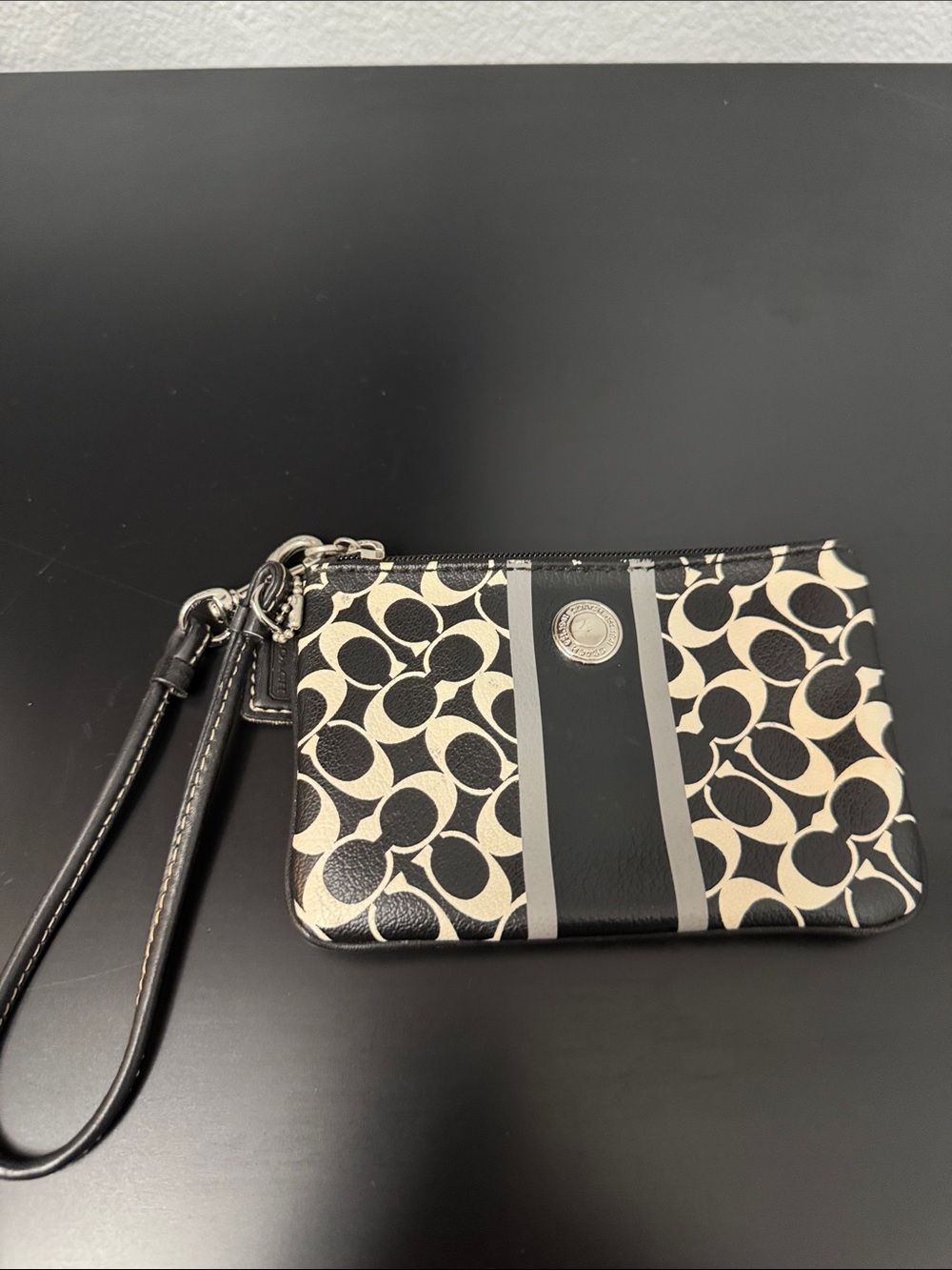 Coach Black & Cream Signature Wristlet with Stripe Detail